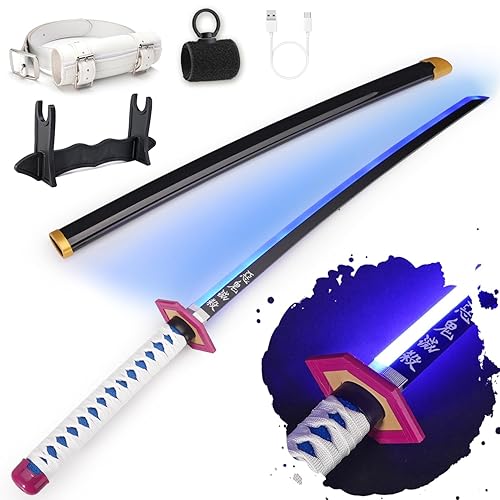 RENGENG Light Up Sword, 40 Inches Rechargeable Pre-Assembled Plastic Anime Replica with Belt & Stand, Original Texture Anime Sword - Giyu