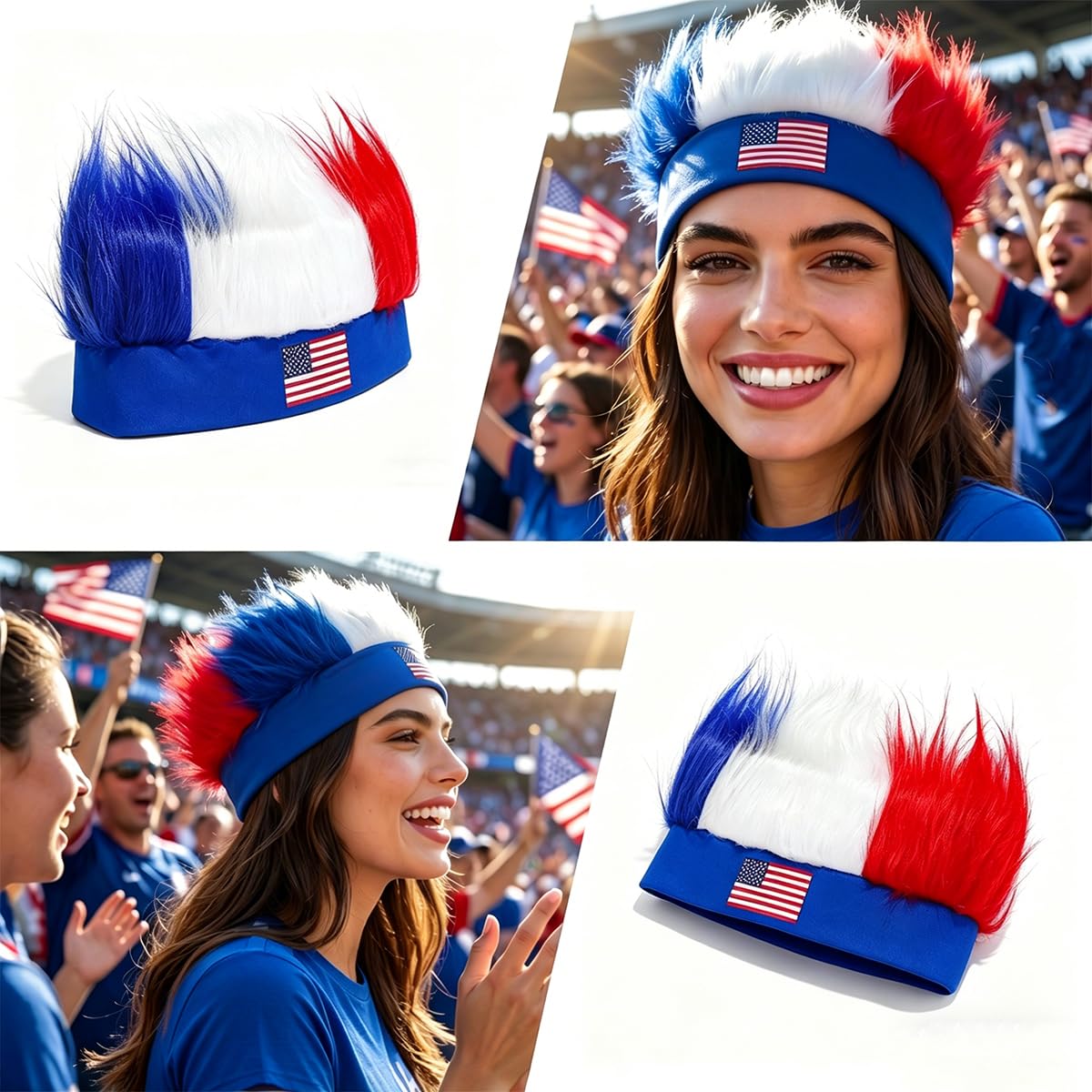 Rose bud USA World Cup Soccer Wig Hair Headband Blue White Red Headband Wig for Women Men Sports Football Halloween Costume Cosplay and Party USA Flag Hat