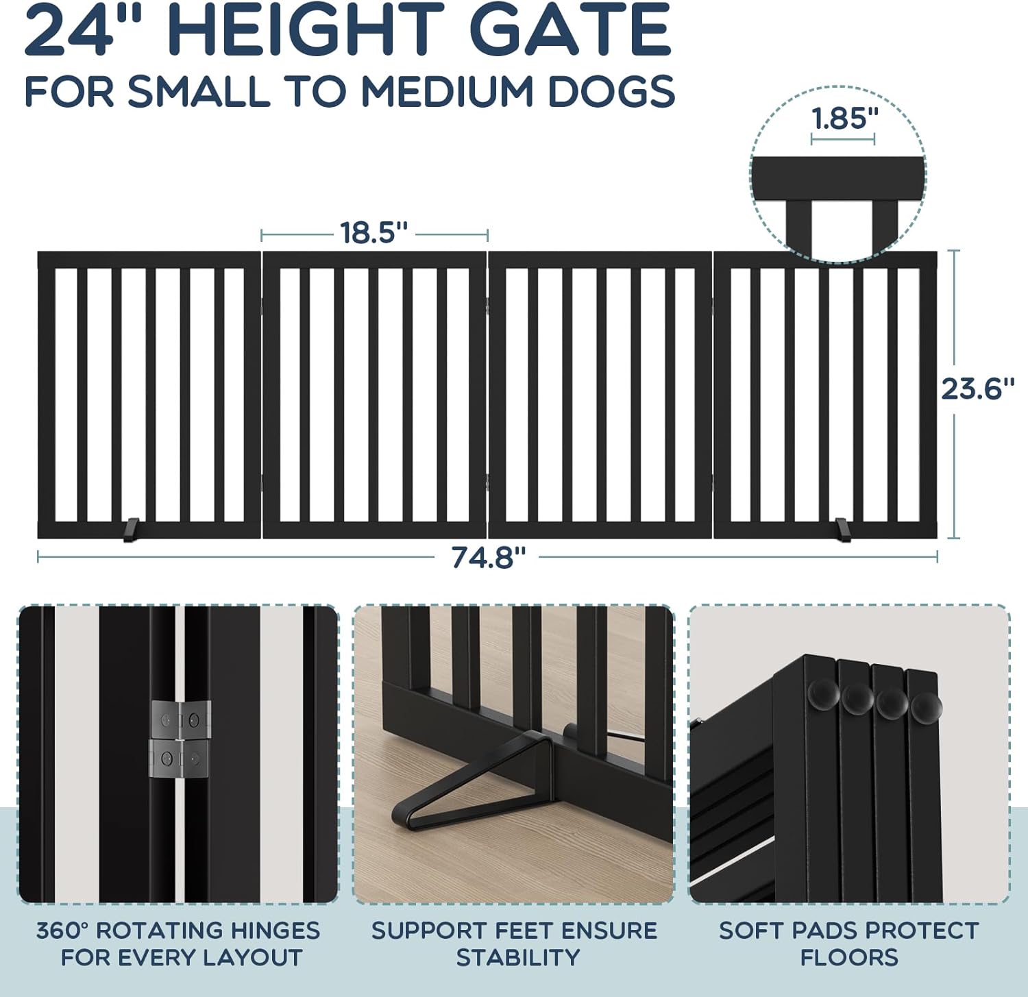 Homykic Bamboo Freestanding Dog Gate, No Assembly Pet Gate Indoor, 24”H x 75”W Extra Wide Foldable Puppy Barrier Fence with Support Feet for the House, Doorways Stairs, 4 Panels, No Drilling, Black