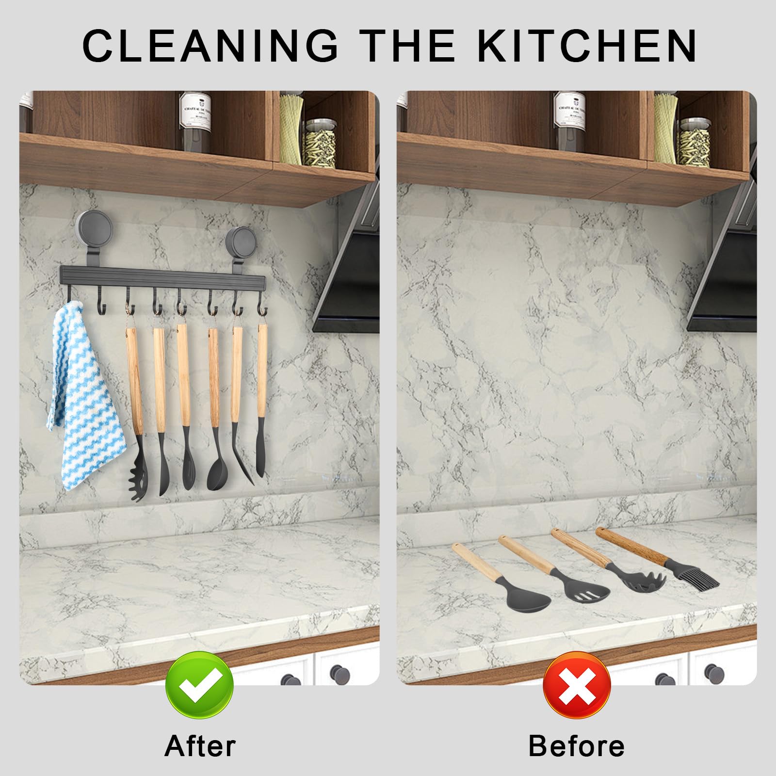 Barre De Cuisine Ustensile Sans Perçage Avec Ventouse 12 Crochets, 20