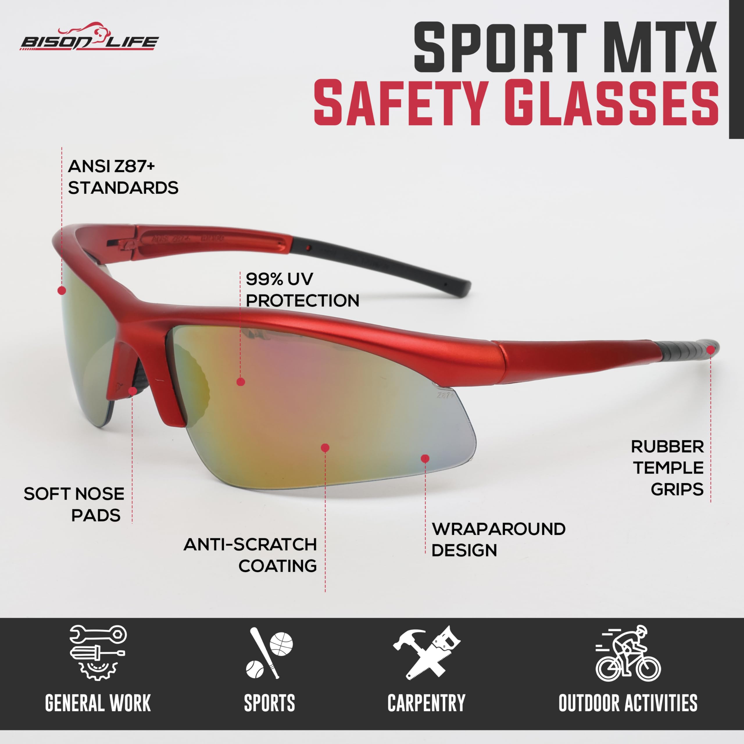 BISON LIFE Sport MTX - Gafas de seguridad con lente de espejo rojo, ANSI Z87.1+, lente de protección UV antivaho y antiarañazos para disparar, trabajo en el patio, ciclismo y actividades al aire libre