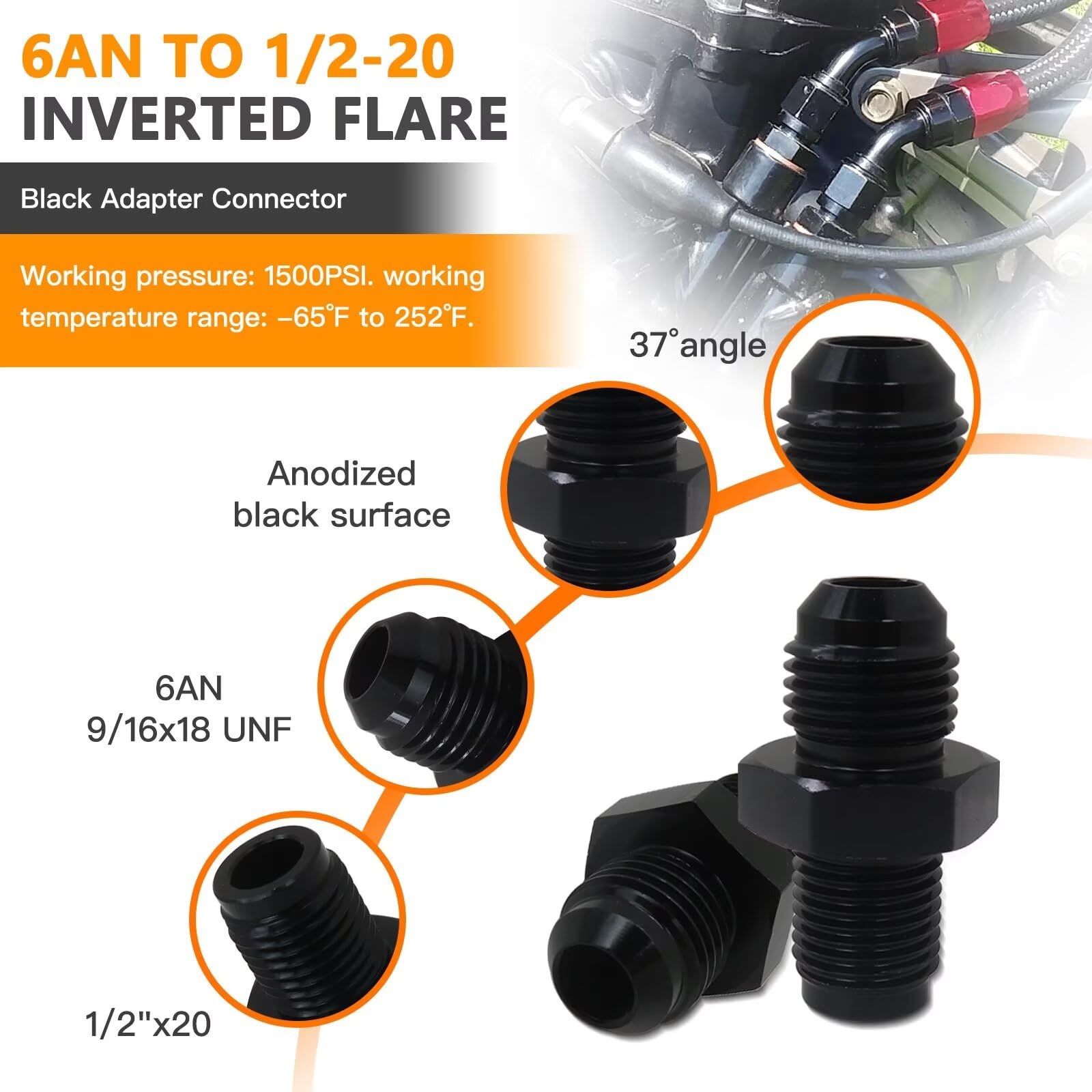 6an To 1/2-20 Inverted Flare. Transmission And Radiator Fitting Black. Set Of 2 - Foto 13