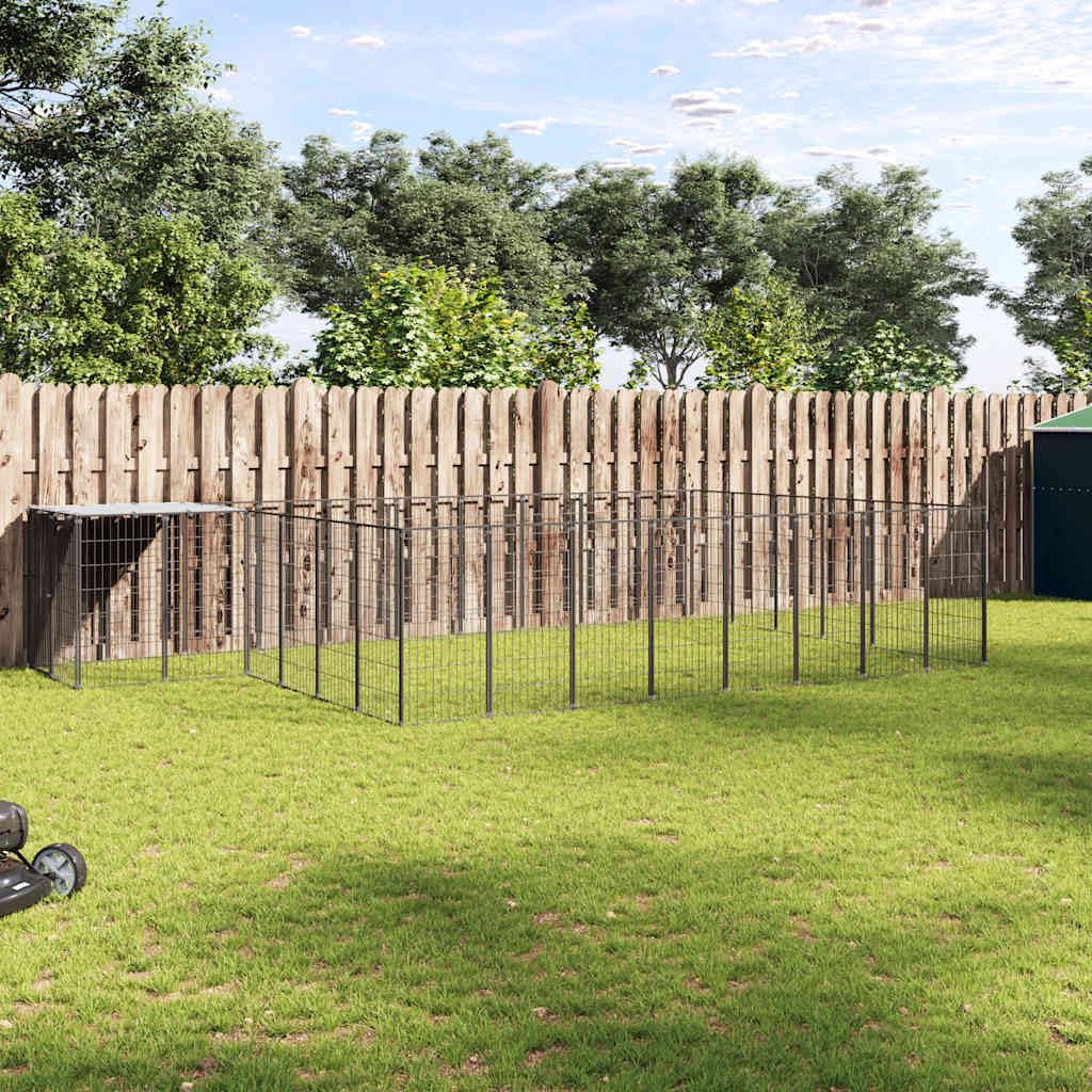 Perrera negra de acero de 15,73 m² con techo resistente al agua, puerta con cerradura, ideal como recinto exterior para cachorros, protección, seguridad y entrenamiento en el jardín