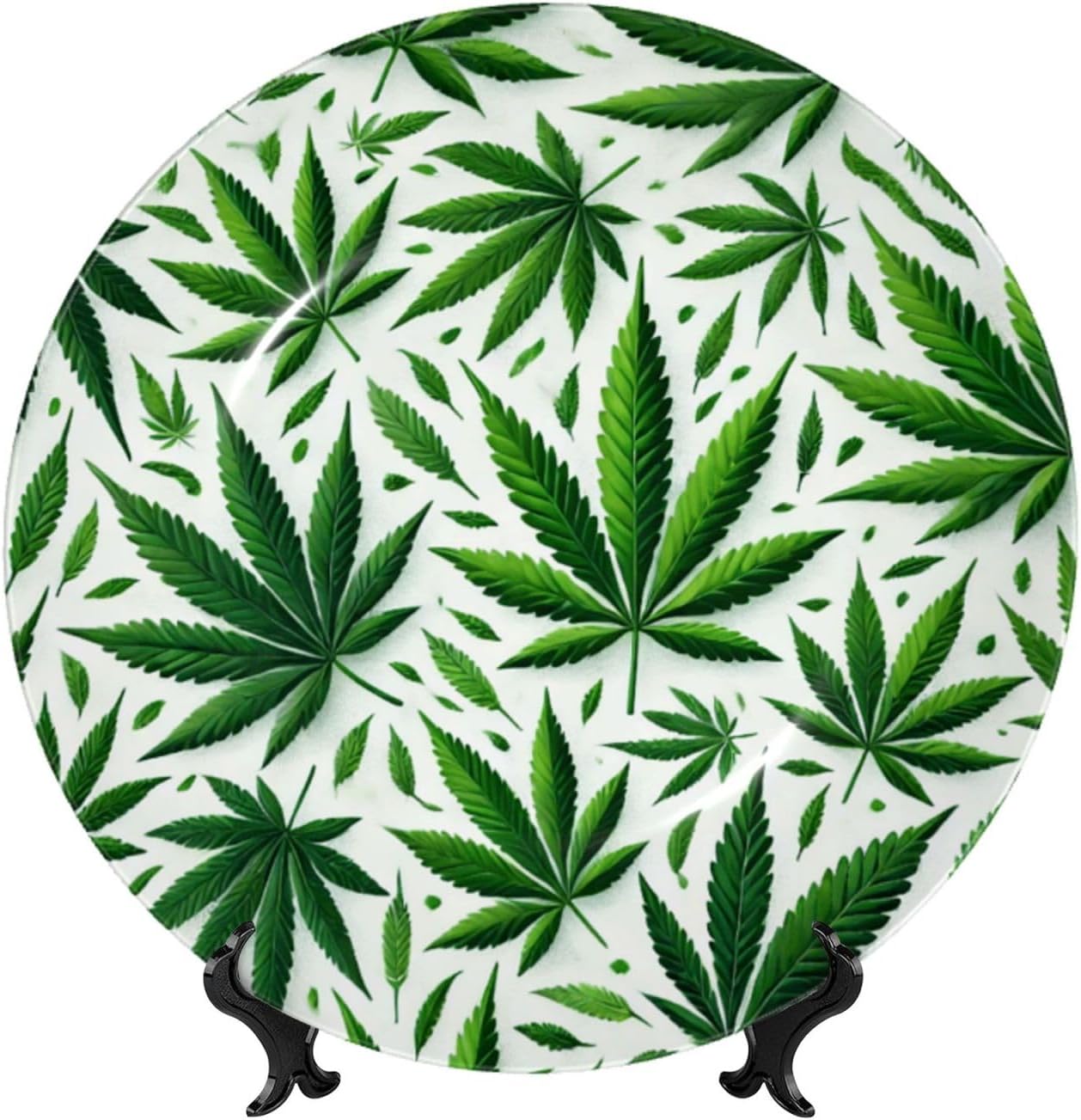 Cannabis-Leaves-Green 10 Inch Decorative Plate With Stand, Elegant Display Wall Plate For Home Decor