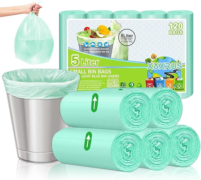 Small Bin Liners 5l Bin Bag,Garbage Bag 0.51Mil Waste Bags for Bathroom,Living Room,Kitchen,Office,Pet,Fit 4,5,6,7,8 Liter Can,Light Blue,40x45cm,120 Bags