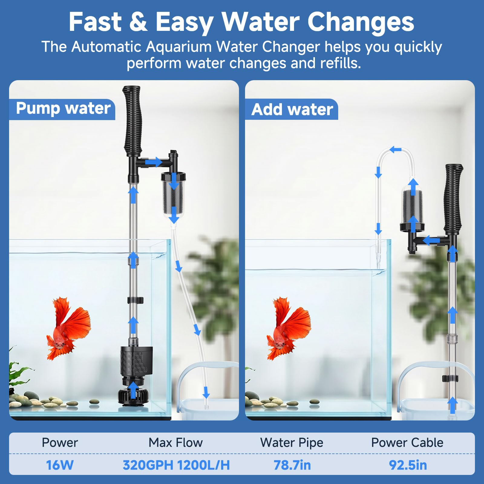 AQQA Limpiador de peceras, 1200 l/h, limpiador eléctrico ajustable de grava, limpiador de arena de 16 W con bolsa de filtro para cambio de agua, lavado de arena y filtración