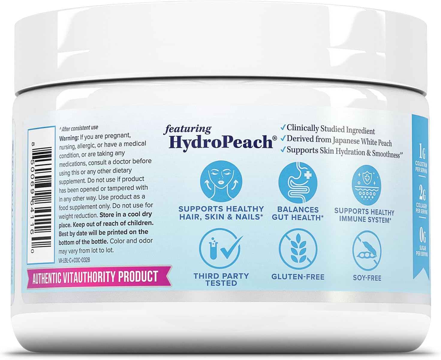 Colostrum Collagen Peptide Protein Powder Hydrolyzed HydroPeach Gut Health, Skin & Immune Support | 1g Bovine Colostrum 2g Collagen Peptides 20mg Peach Ceramides Blend Unflavored 25 Servings, No Sugar