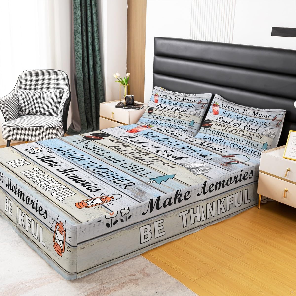 Rustic Farmhouse Wood Print Bedskirt King Size Kids Cartoon Camper Car Bedding Set 3Pcs for Girls Boys Adventure Bear Animals Bed Skirt Inspirational Quotes Split Corner Bed Wrap,2 Pillowcases