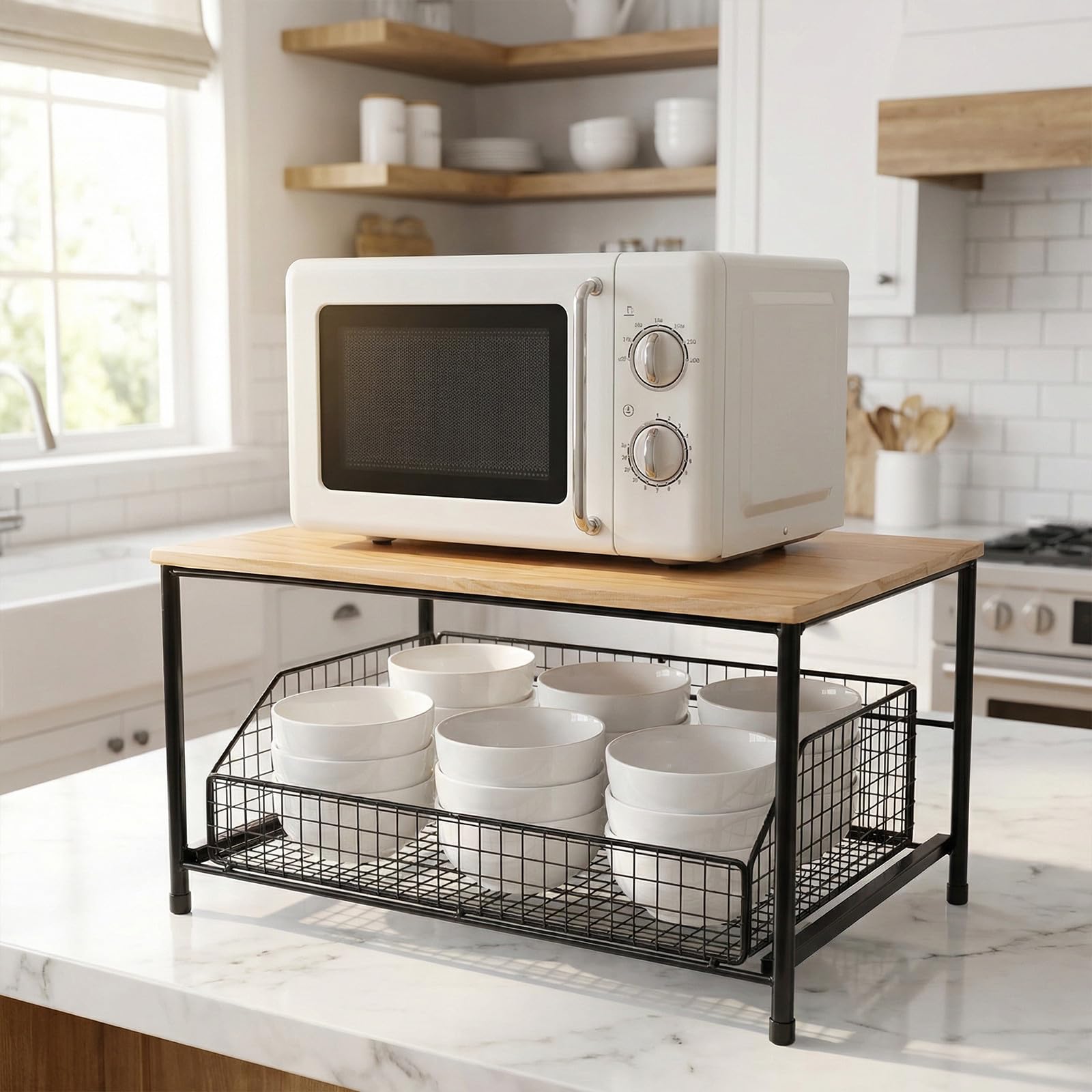 Encimera: estante de cocina de metal con cajón extraíble para freidora de aire, microondas, horno y soluciones de almacenamiento de cocina en el hogar