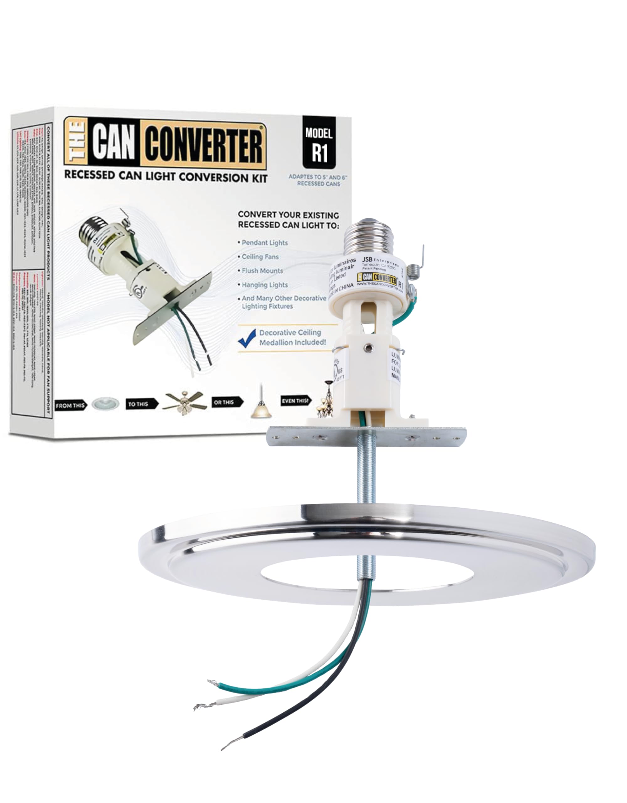 The Can Converter R1 Recessed Can Light Conversion Kit w/ 8¼" Beveled Ceiling Medallion - Home Improvement for 4", 5" &amp; 6" Cans, Fan &amp; Light Fixture Converter Kit, UL Certified, Polished Nickel