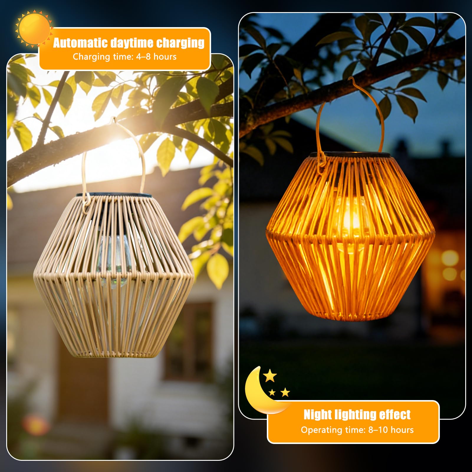 Solarlampen für Außen Garten Hängend, IP65 Wasserdicht Metall Rattan Solar Laternen für Draußen mit Helle LED Glühbirne, Solarlaterne Solarleuchten Gartendeko für Patio Terrasse Balkon Deko Wetterfest