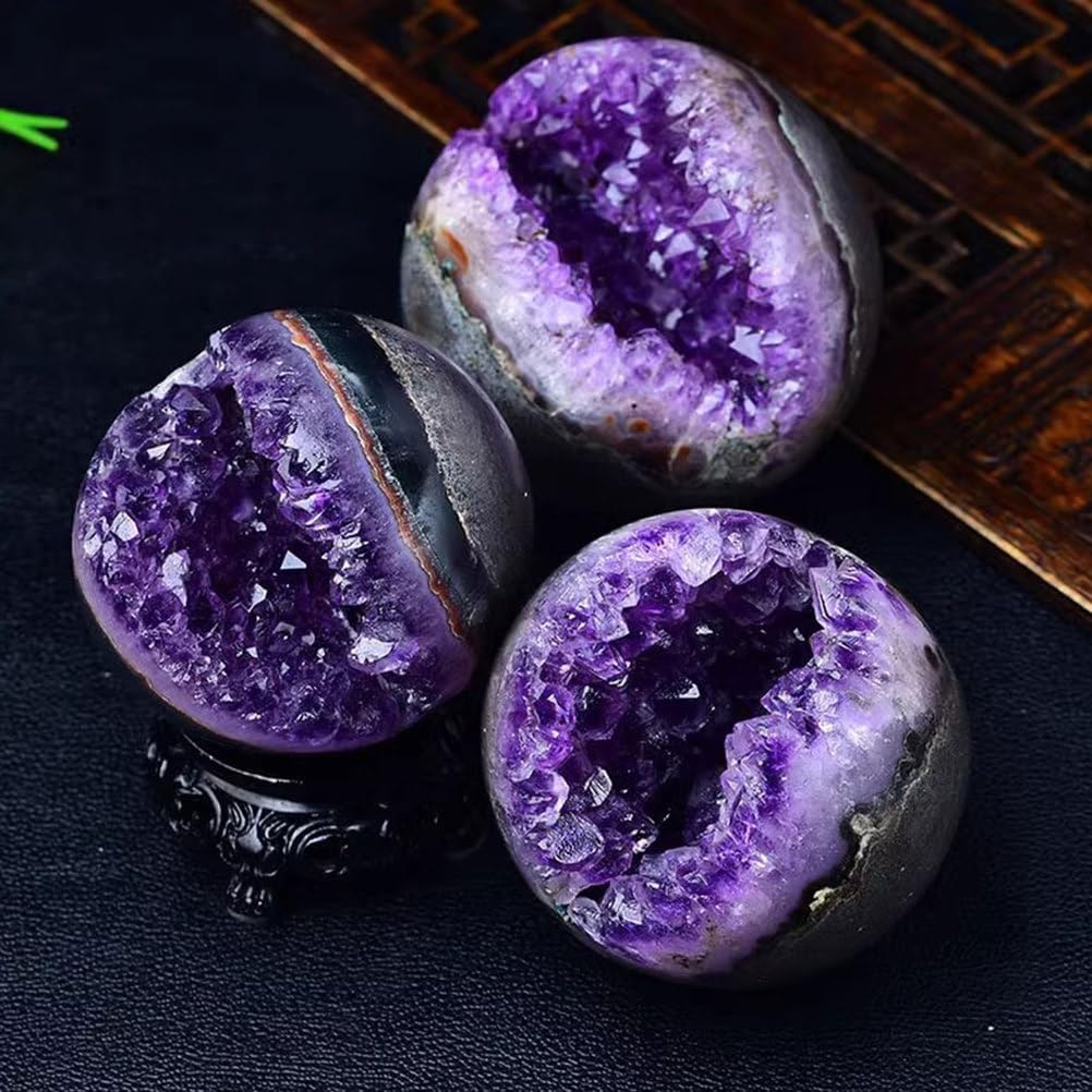 Amethyst Druzy Geode Crystal Ball Stone Sphere Ball Amethyst Cluster with Stand for Witchcraft Divination Home Office Decor,100~150g