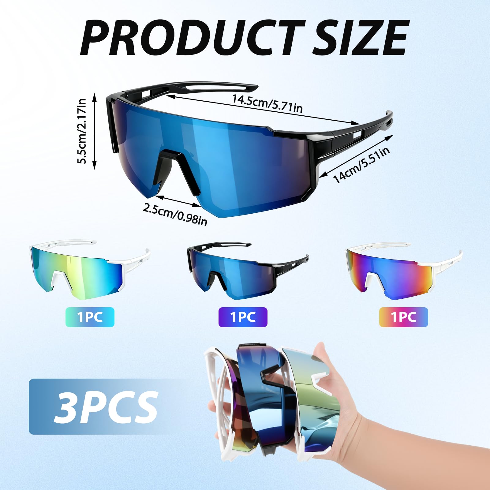 Lot de 3 Lunettes de Vélo Non Polarisées Sport Homme Femme, Lunettes de Soleil Running UV400 Protection Anti-UV, Accessoire Cyclisme pour Course à Pied Triathlon Moto Golf Plein Air