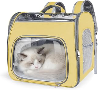 Airline Approved Cat Soft-Sided Carrier Backpack Up to 12 lbs (Yellow) | Airport-Friendly Breathable Mesh Foldable Pet Travel Bookbag with Reinforced Support, P