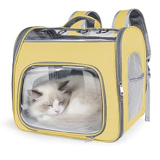 Airline Approved Cat Soft-Sided Carrier Backpack, Airport-Friendly Breathable Mesh Foldable Pet Travel Carrier with Reinforced Support, Portable Puppy Carrying for Kitty Up to 12 lbs (Yellow) - Amazon product rated Grade B