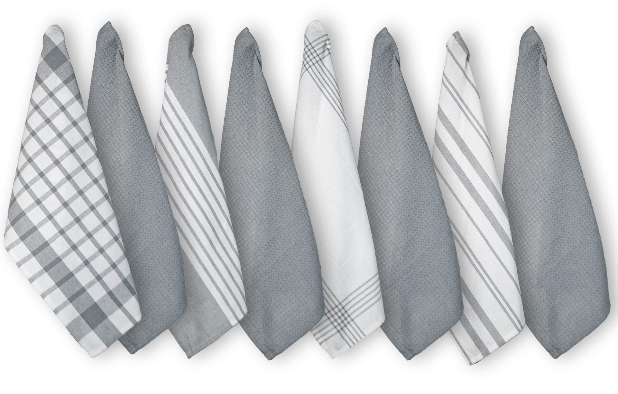 Chardin Home Recycled Cotton 18x28 Inch Kitchen/Dish Cloths Set Of 8 | 4 Assorted Woven Kitchen Towels & 4 Waffle Towels, Grey | Super Absorbent Reusable Hand And Countertop Ultra Soft - View #3