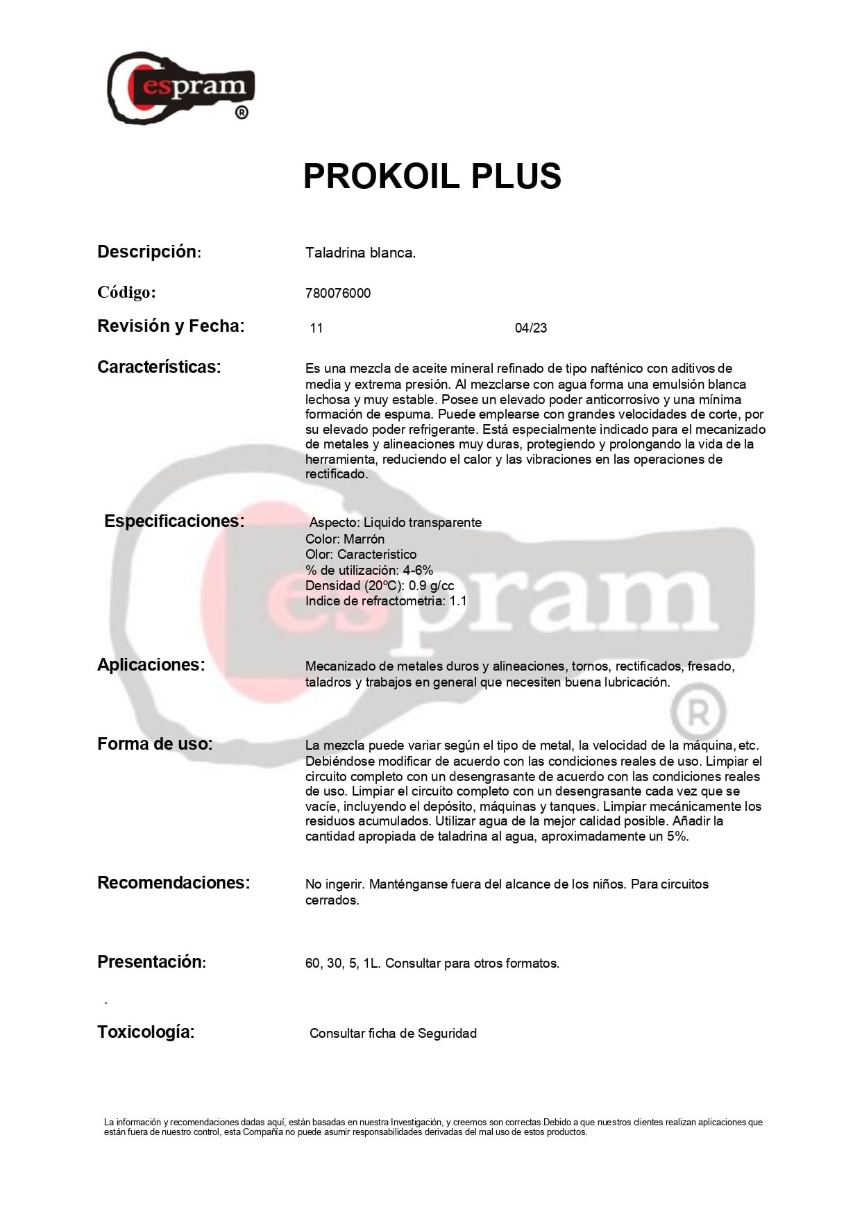 Aceite de corte emulsionable. Prokoil Plus. Envase 5 litros.
