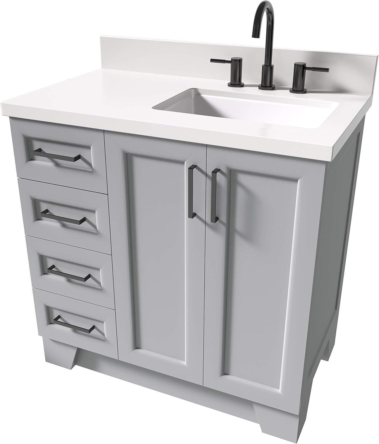 ARIEL Taylor 36-inch Bathroom Vanity with Sink,Solid Wood, 1.5-inch Pure White Quartz Countertop & Backsplash, Single Rectangular Porcelain Sink, 2 Soft Closing Doors, 5 Dovetail Drawers, Grey
