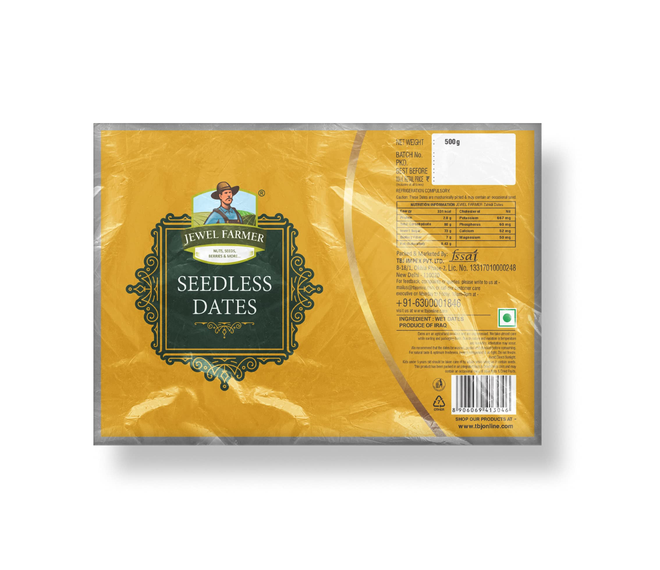 JEWEL FARMER Seedless Dates Vaccum Packed with Dietary Fiber & Protein, Pack of Cholesterol Free Nutritious & Fresh Dried Khajoor (500g) (B0C496B2N2) Amazon Price History, Amazon Price Tracker