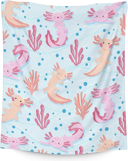 Girl Blanket - 50x60 Inches Cute Axolotl Throw - Light Blue Soft Fuzzy Blankets for Bed, Couch & Living Room