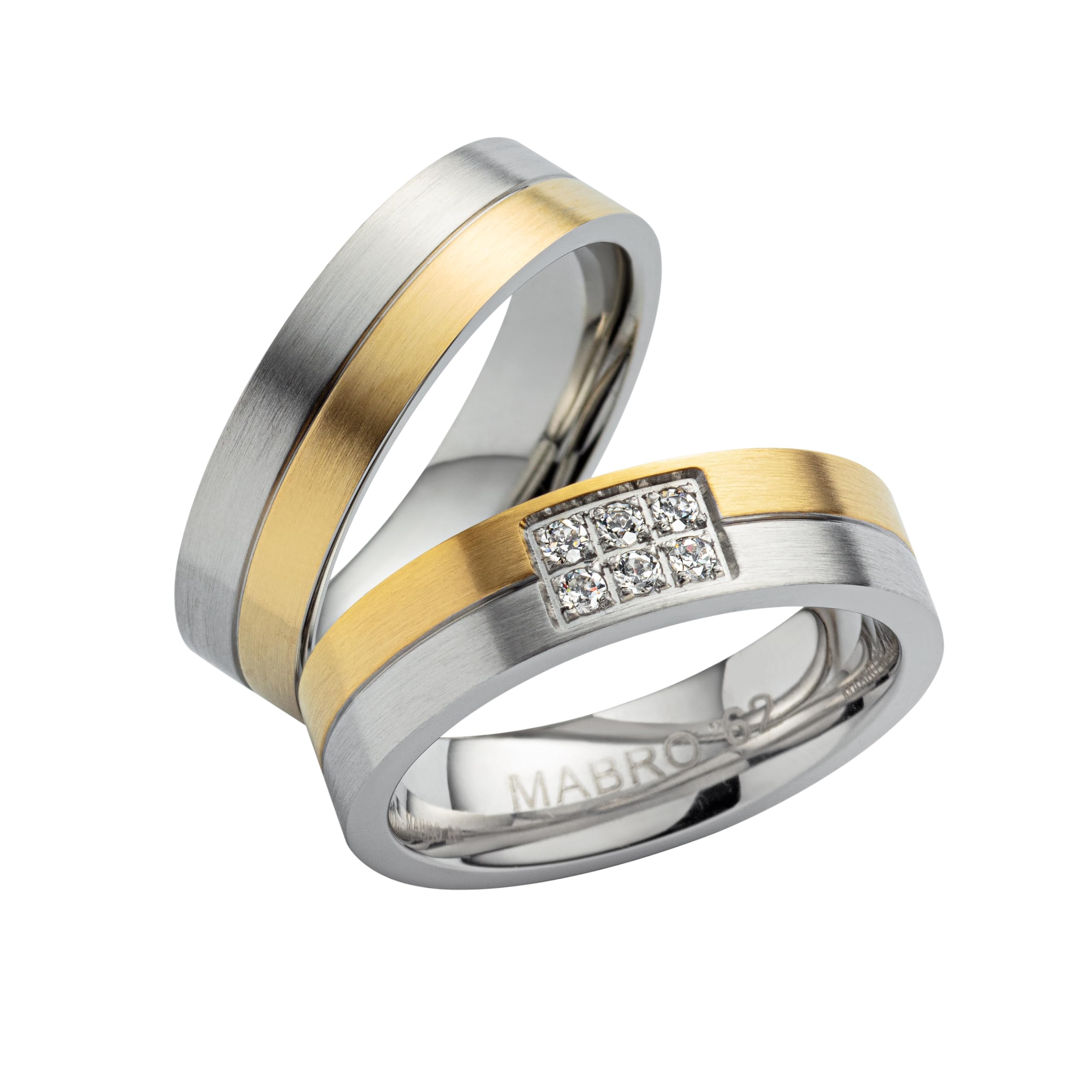 Paar Partnerringe & Eheringe aus Edelstahl 316L – 6 mm Trauringe matt mit PVD Gold & 6 Zirkonia, Hochzeitsringe mit Gravur im Etui | 2036