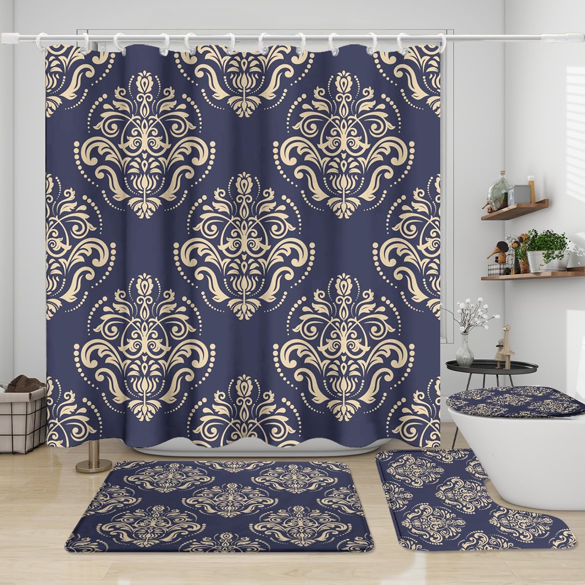 KuracleGH Luxury Baroque Damask 4 Pcs Shower Curtain Sets,Abstract Medieval Classic Navy Blue Golden Damask Medallion Print Non-Slip Rugs,Toilet Lid