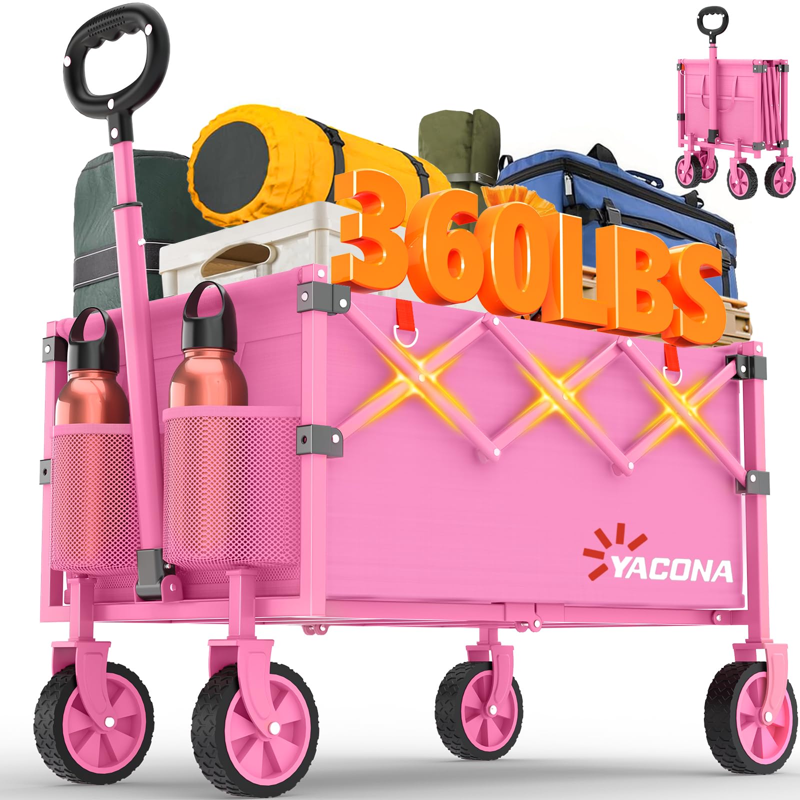 Photo 1 of *Used/dirty* Yozoia Wagons Carts Foldable, Lightweight Portable Utility Shopping Cart with Wheels, Folding Grocery Wagon Cart for Grocery, Camping, Shopping, Beach, Garden, Sports Pink