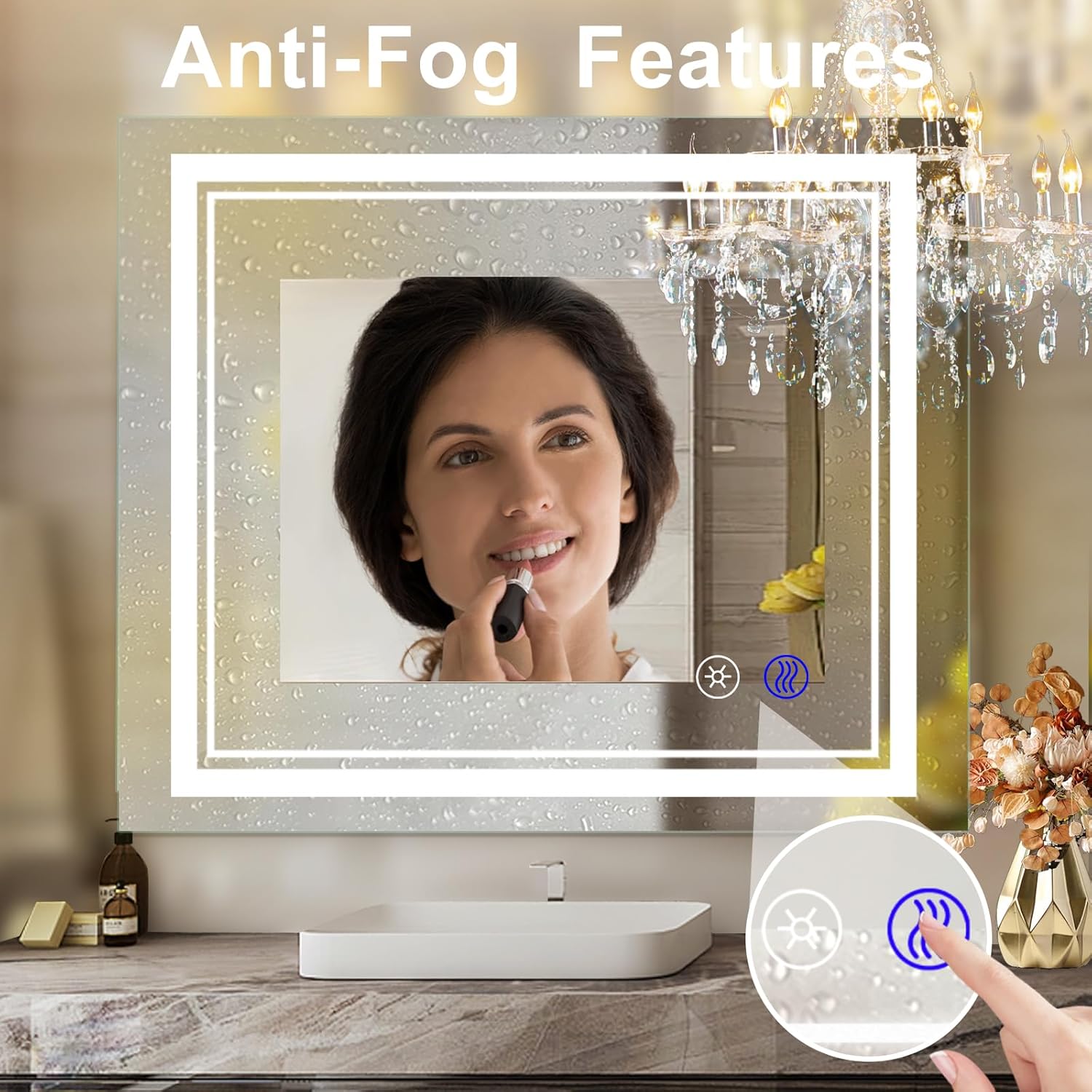 SaniteModar Bathroom Mirror with Lights 36x30 in, Led Mirror for Bathroom, Led Bathroom Mirror, 3 Color Dimmable, Anti Fog, Touch Button, CRI90+, Horizontal/Vertical