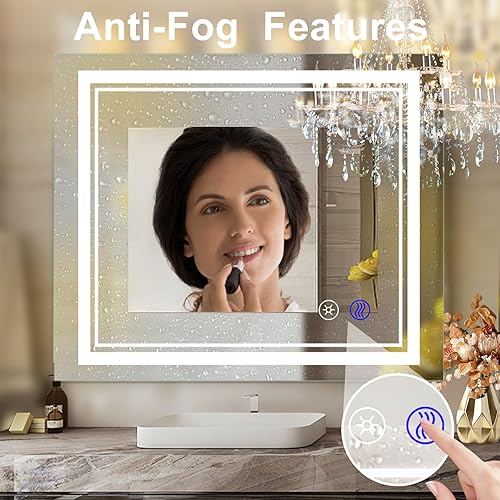 Vista 31 de SaniteModar Espejo de baño con luces de 32 x 24 pulgadas, espejo LED para baño, espejo de baño LED, 3 colores regulables, antiniebla, botón táctil