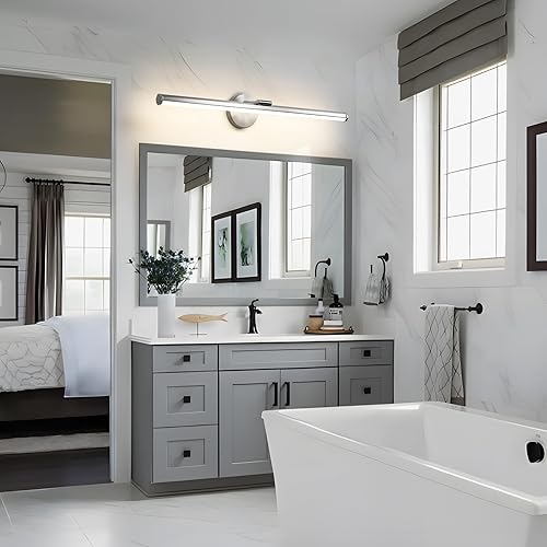 Miniatura 4 de KAISITE Lámpara de baño sobre espejo de 30 pulgadas de níquel cepillado, luz LED de tocador de 24 W, 3000 K, regulable, moderna, para montaje en