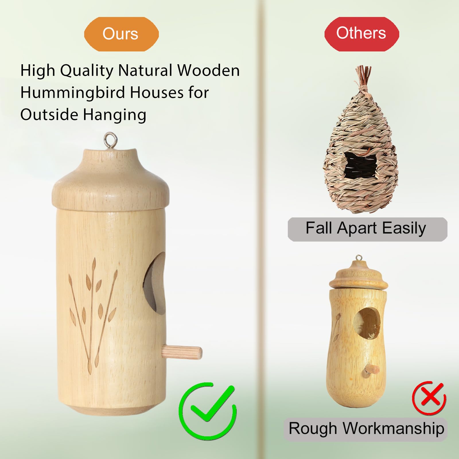 Casa de colibrí – Casas de colibrí de madera natural para colgar en el exterior, regalos de jardinería, decoración del hogar, 3 paquetes