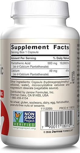 Miniatura 9 de Jarrow Formulas Ácido pantoténico B5 500 mg  100 cápsulas vegetales  Vitamina B esencial  Producción de energía y apoyo al metabolismo  100