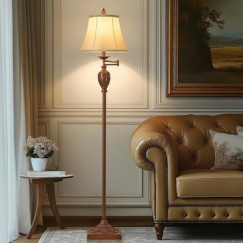 Miniatura 16 de Lámpara de pie LED tradicional con brazo oscilante ajustable de 350°, lámpara de poste de pie vintage para sala de estar, dormitorio y oficina, luz