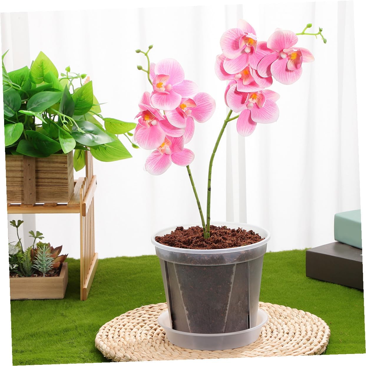 24pcs Plastic Orchid Planter Pots with Drainage Holes and Trays, Two Sizes (12x11x10.4cm 14.8x14x13cm), Indoor and Outdoor Nursery Pots for Succulent and Flower Seedlings