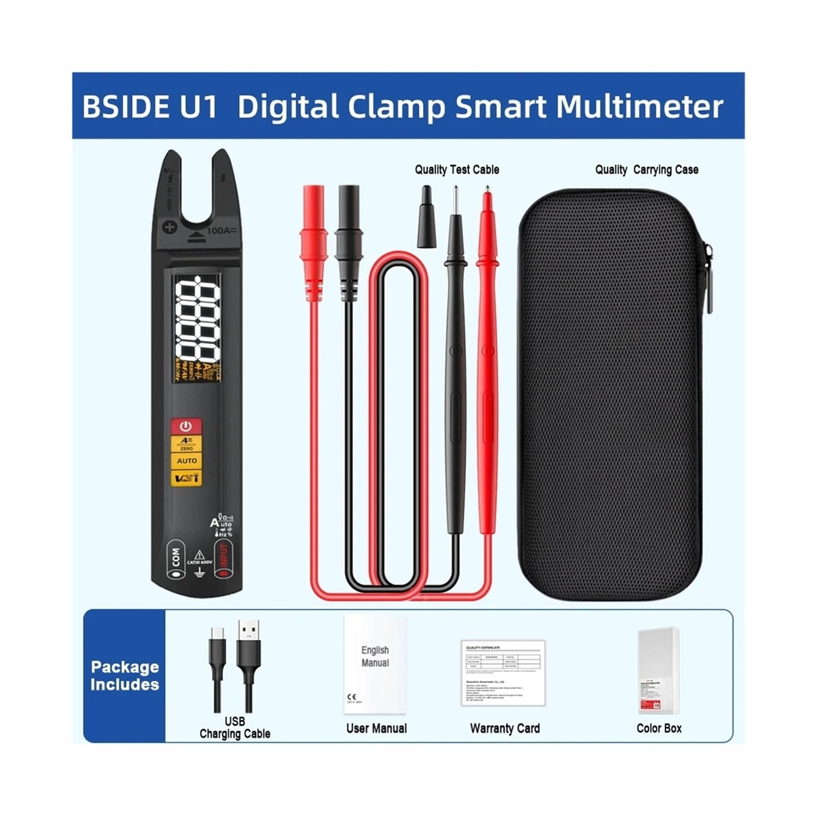 U1 100A Pinza amperometrica digitale True RMS AC DC rilevamento NCV
