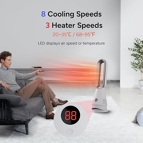 Miniatura 6 de Ventilador calefactor sin aspas, 25 pulgadas de calefacción, refrigeración y filtro, ventilador de torre oscilante de 80 con control remoto,