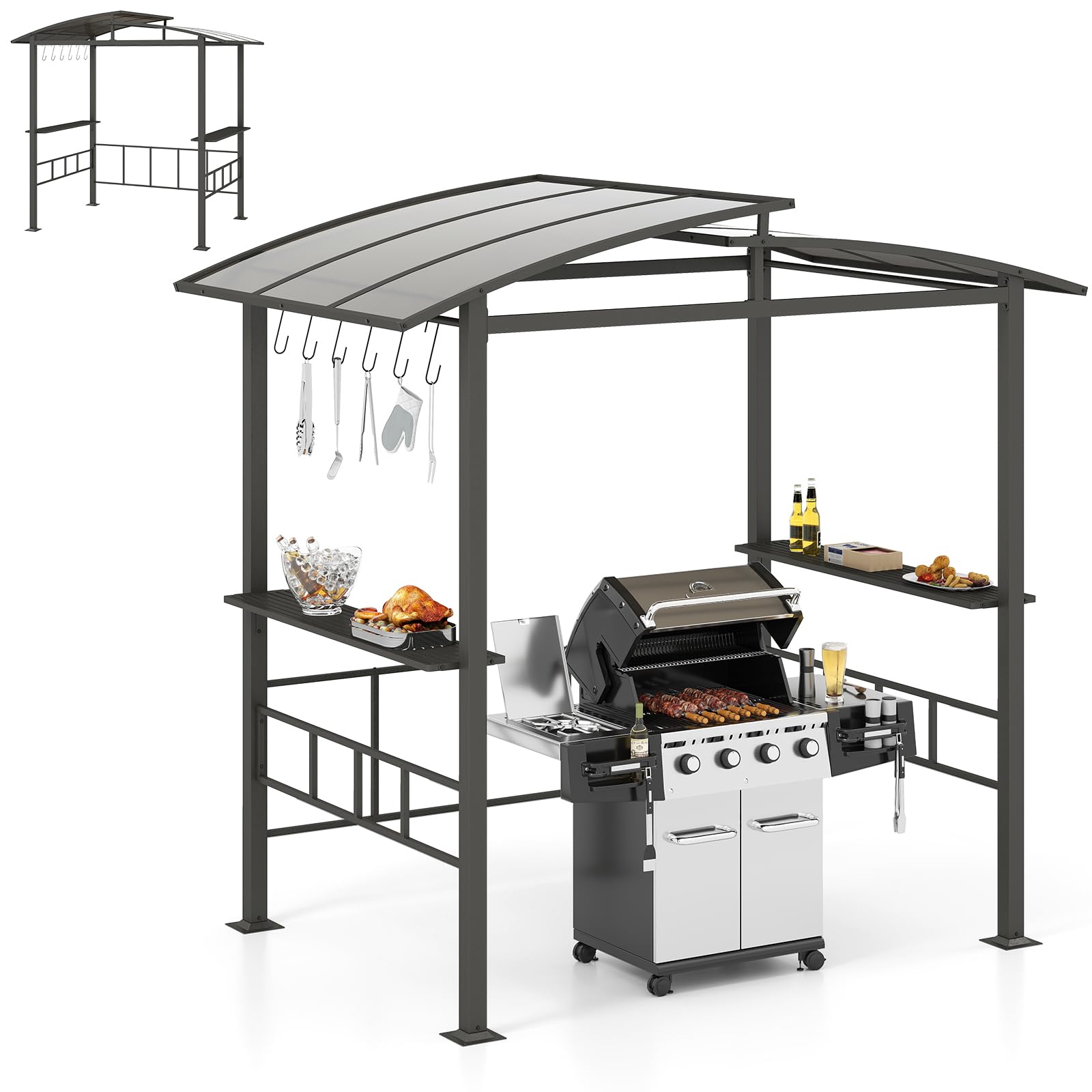 Tonnelle de barbecue HOMASIS avec double toit et étagères latérales pour jardin et cour