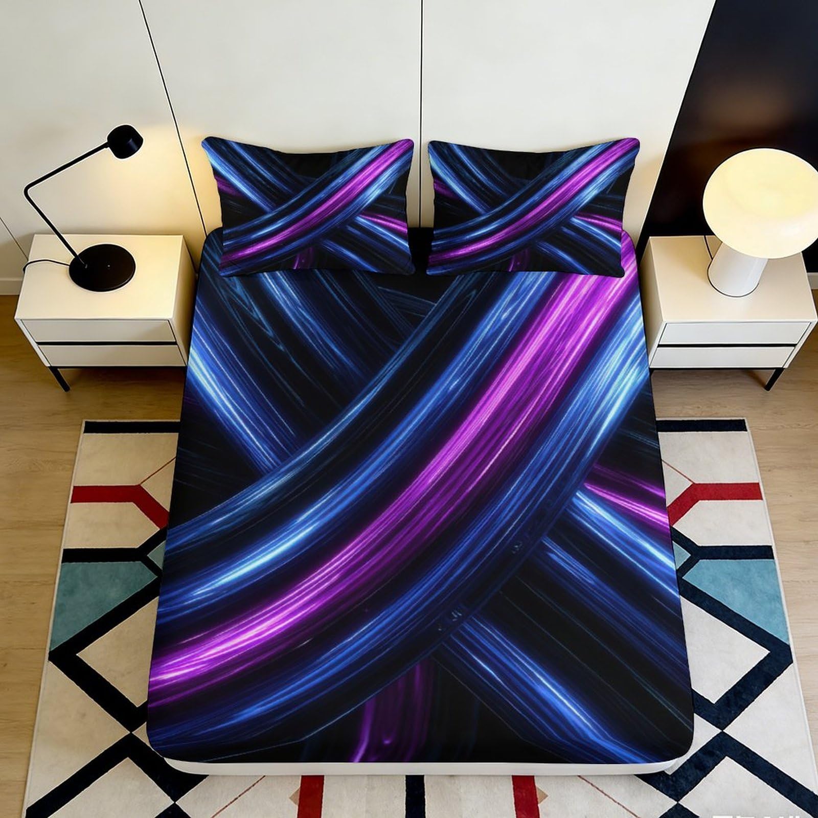 3D Printed Neon Light Fitted Sheet Microfiber Soft Breathable Abstract Lines Mattress Cover for Bedroom Dormitory Guest Room Mattress Protection 140x200x25cm