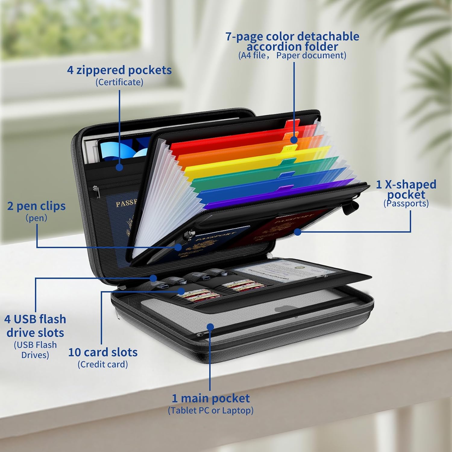 Tamfile Fireproof Document Box with Handle, Hard Case File Organizer with 7-Pocket Accordion Colour File Folder, Portable Safe Storage for Home Office Travel to Important Documents, Laptop, Black