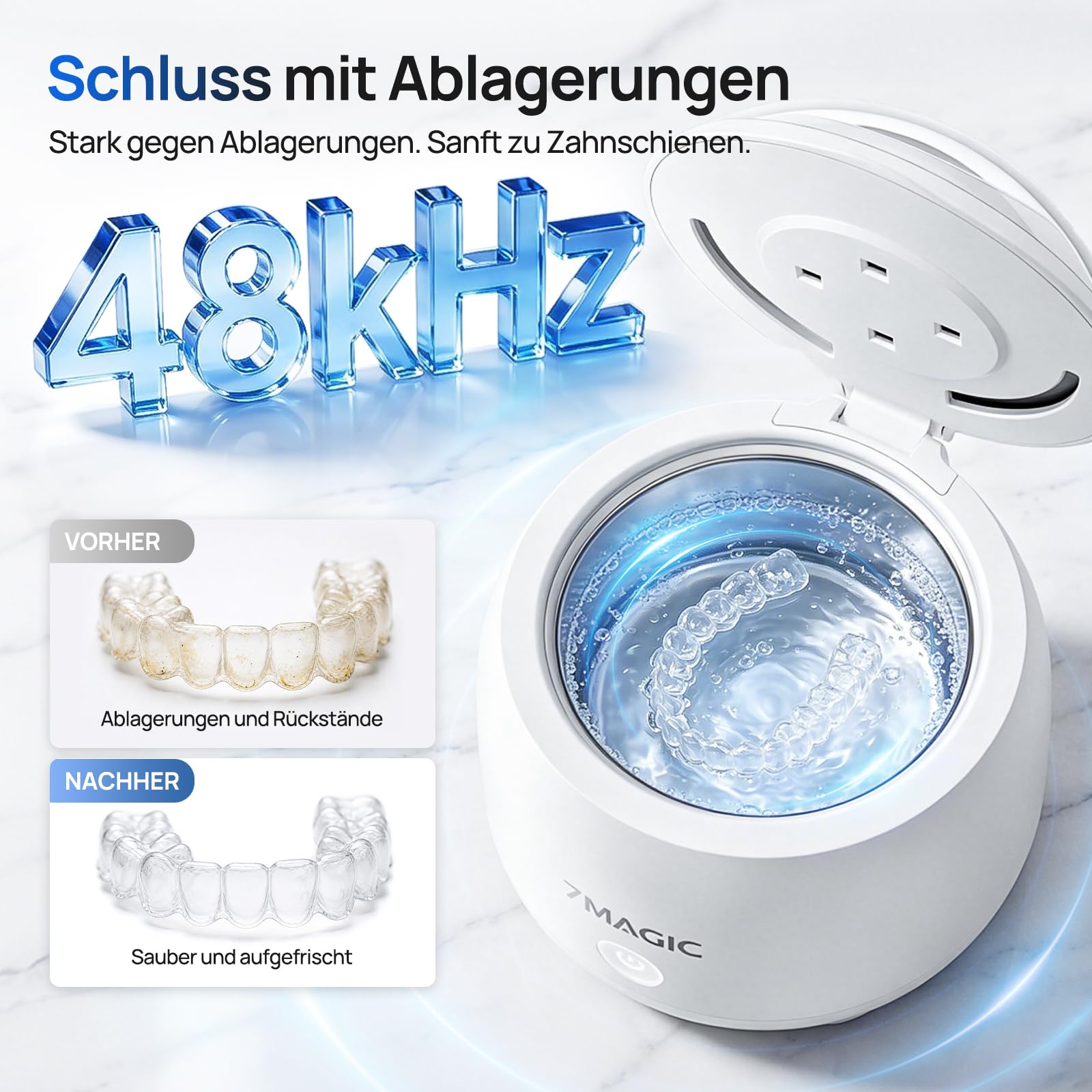 7MAGIC Ultraschallreinigungsgerät für Zahnschienen, 48 kHz, UV-C, Weiß