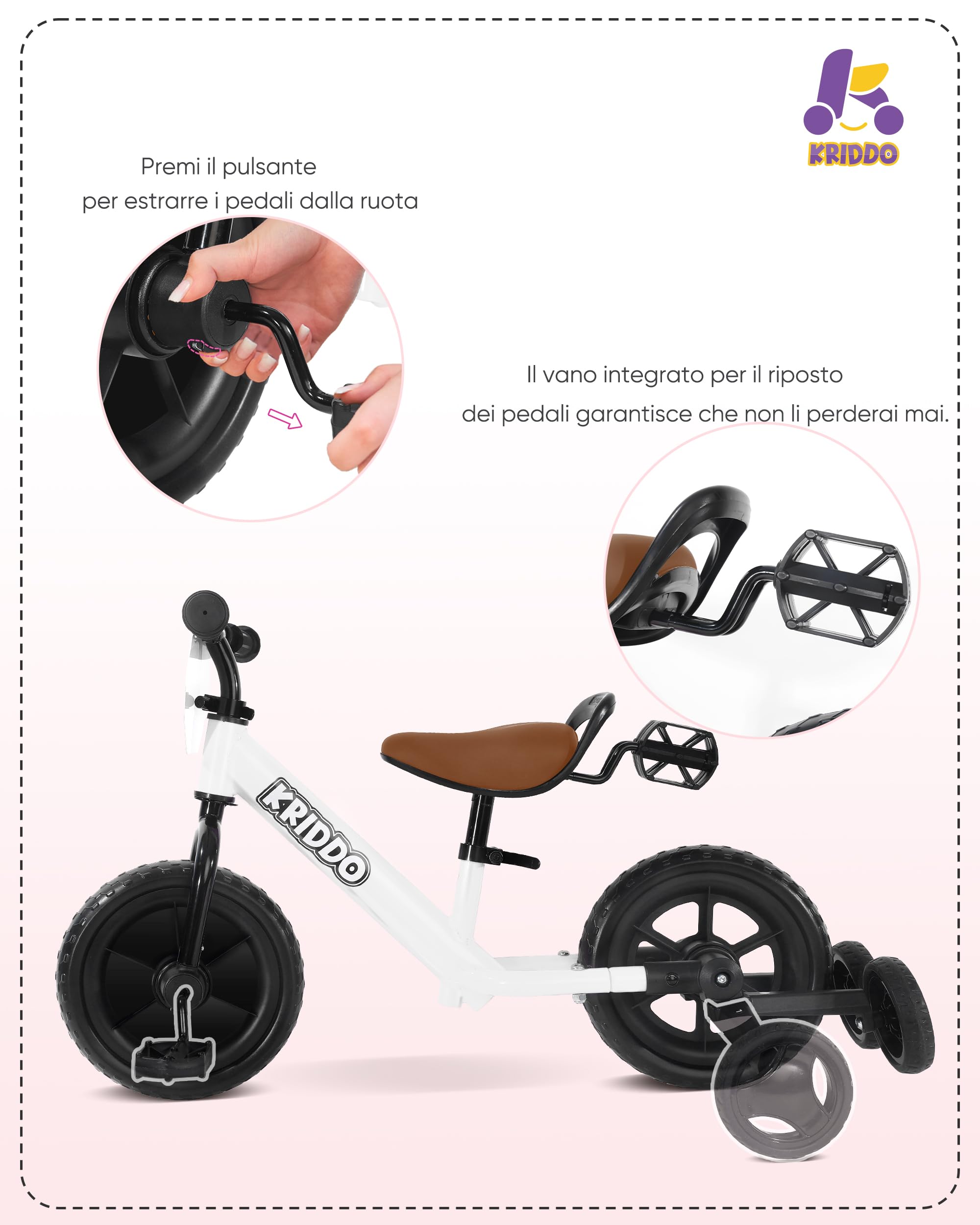 KRIDDO Triciclo per bambini 2 in 1 e bici senza pedali per bambini di 2 anni, pedali staccabili e rotelle ripiegabili, piastra fai da te, giocattolo da cavalcare dai 18 mesi ai 3 anni
