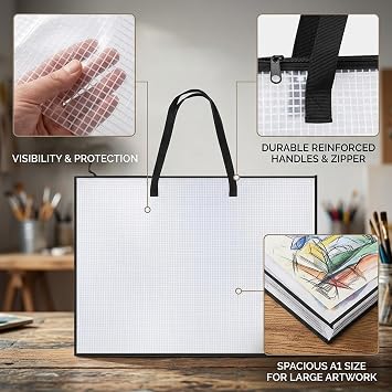 Transparent A1 Portfolio Case with Handle, Large Art Folder for Artwork, Posters & Documents, Clear A1 Art Folder Storage Bag, Portable Portfolio for Artists and Students