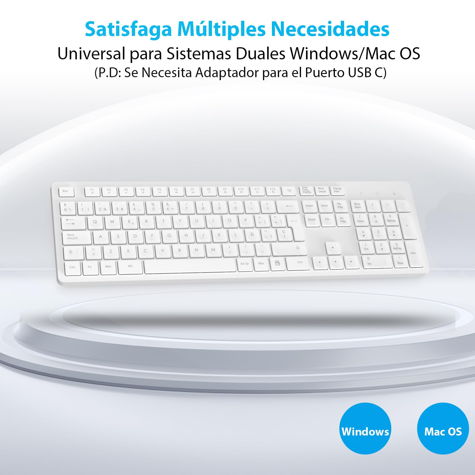 LeadsaiL Teclado y Raton Inalámbrico, Teclado y Raton Inalambrico Ergonómico, Español QWERTY, Tamaño Completo con Teclado Numérico, Receptor USB 2.4 GHz for Mac, PC, Ordenador Portátil-Blanco