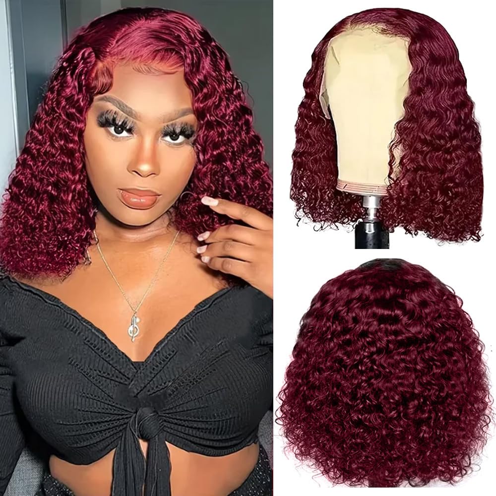99J Burgundy Curly Bob Wig Human Hair 13x4 Lace Front Wigs Human Hair Burgundy Deep Curly Wigs for Black Women Burgundy Short Curly Bob Wigs 10 Inch