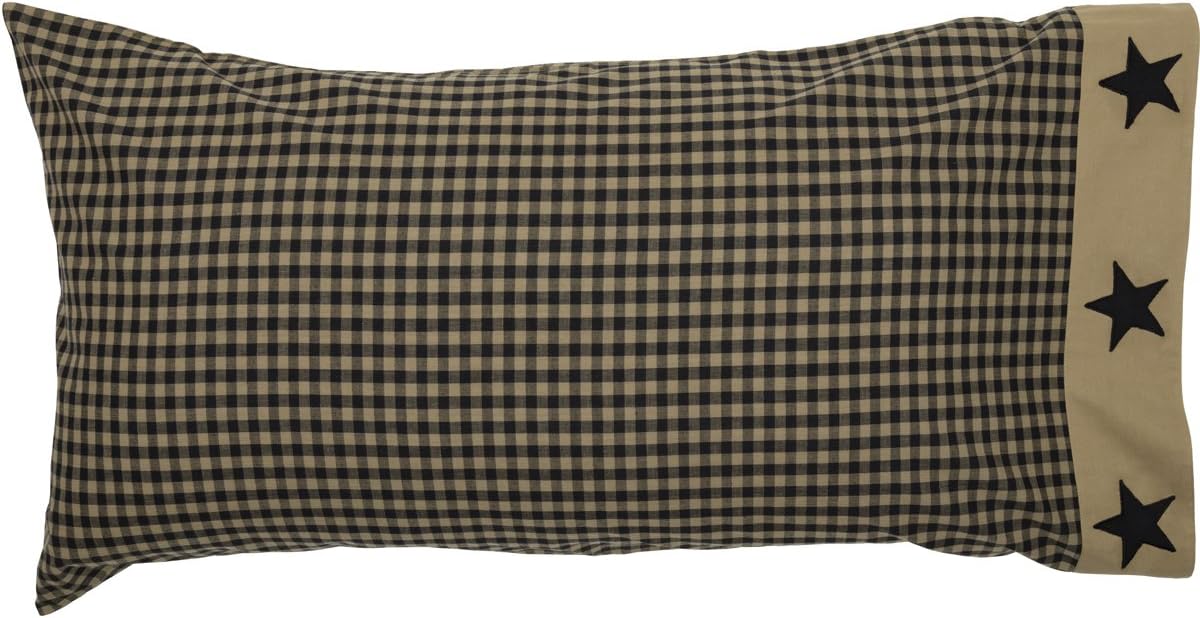 VHC Brands Check Star Cotton Primitive Bedding Appliqued King Pillow Case Set of 2, Raven Black