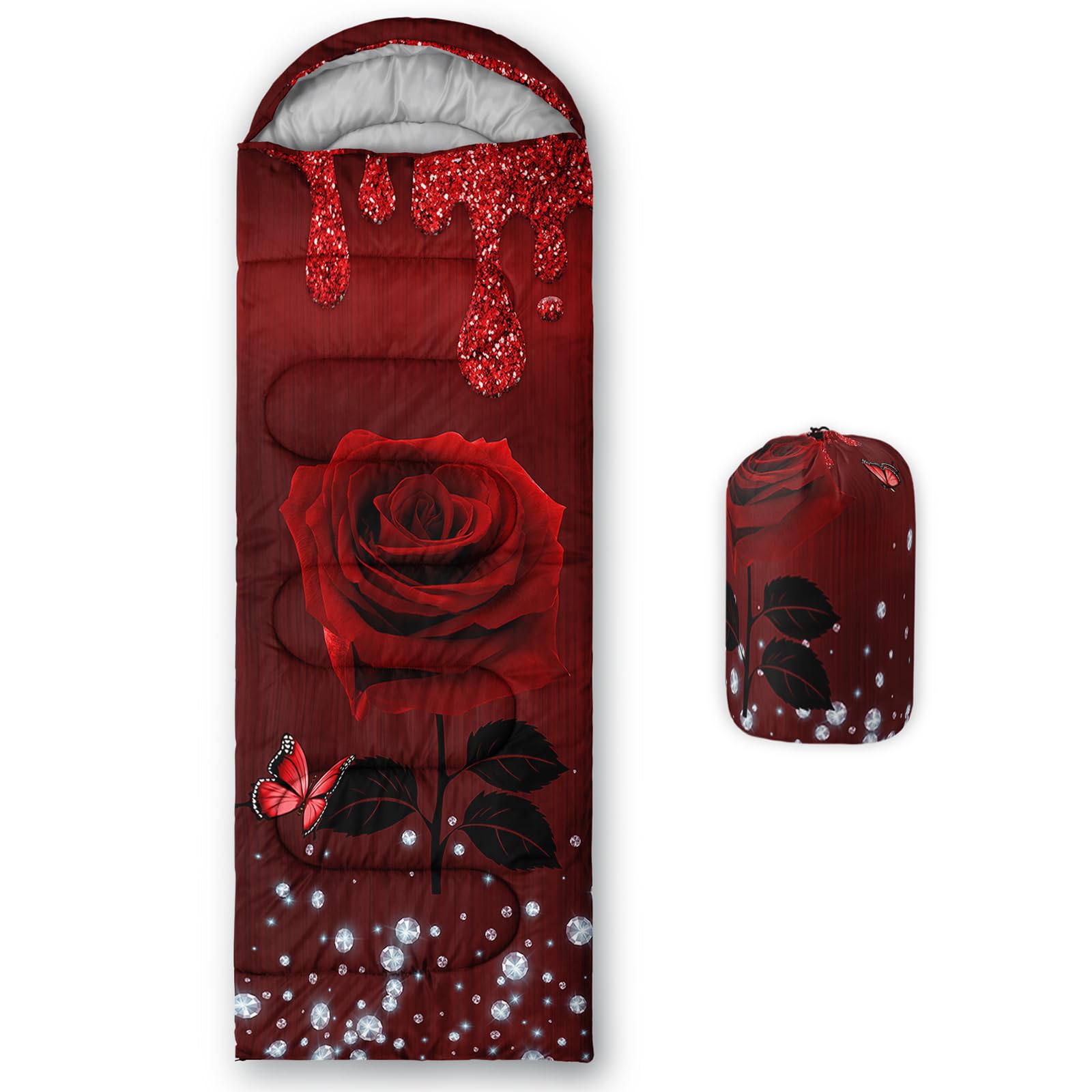 QOOMO Rose Printed Camping Sleeping Bags,3 Season Warm & Cool Weather,Lightweight,Waterproof Sleeping Bags for Adults & Kids,Traveling,and Outdoors,Camping Gear Equipment,31x90inch