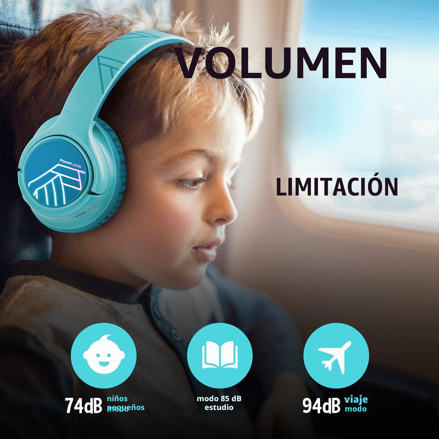 PowerLocus Auriculares de Diadema para Niños, Cascos Bluetooth Inalámbricos, Límite de Volumen de 74/85/94dB, Luces LED de Colores, Micrófono, Plegable, Conecta 2 Auriculares al Dispositivo
