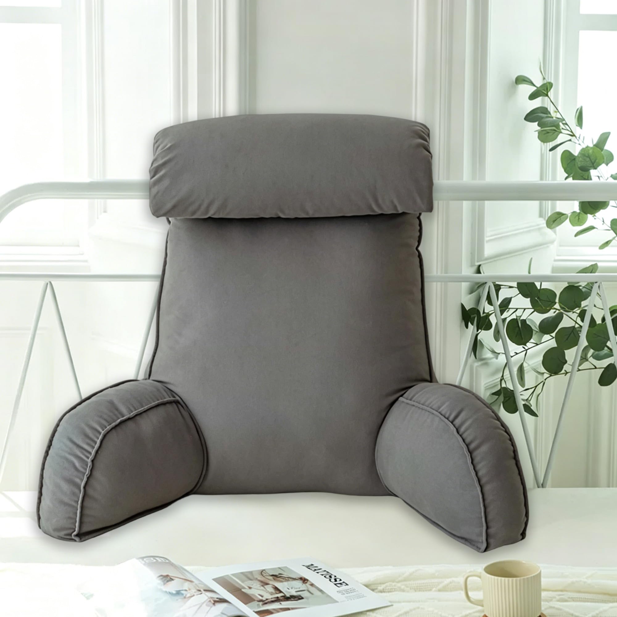 Hruile Dark Gray Reading Pillow With Headrest, Back Arms Support Cushion For Adults And Kids, Backrest Pillow With Removable Cover, Cuddle Cushion For Sitting Gaming Relaxing (75×40×55Cm,)