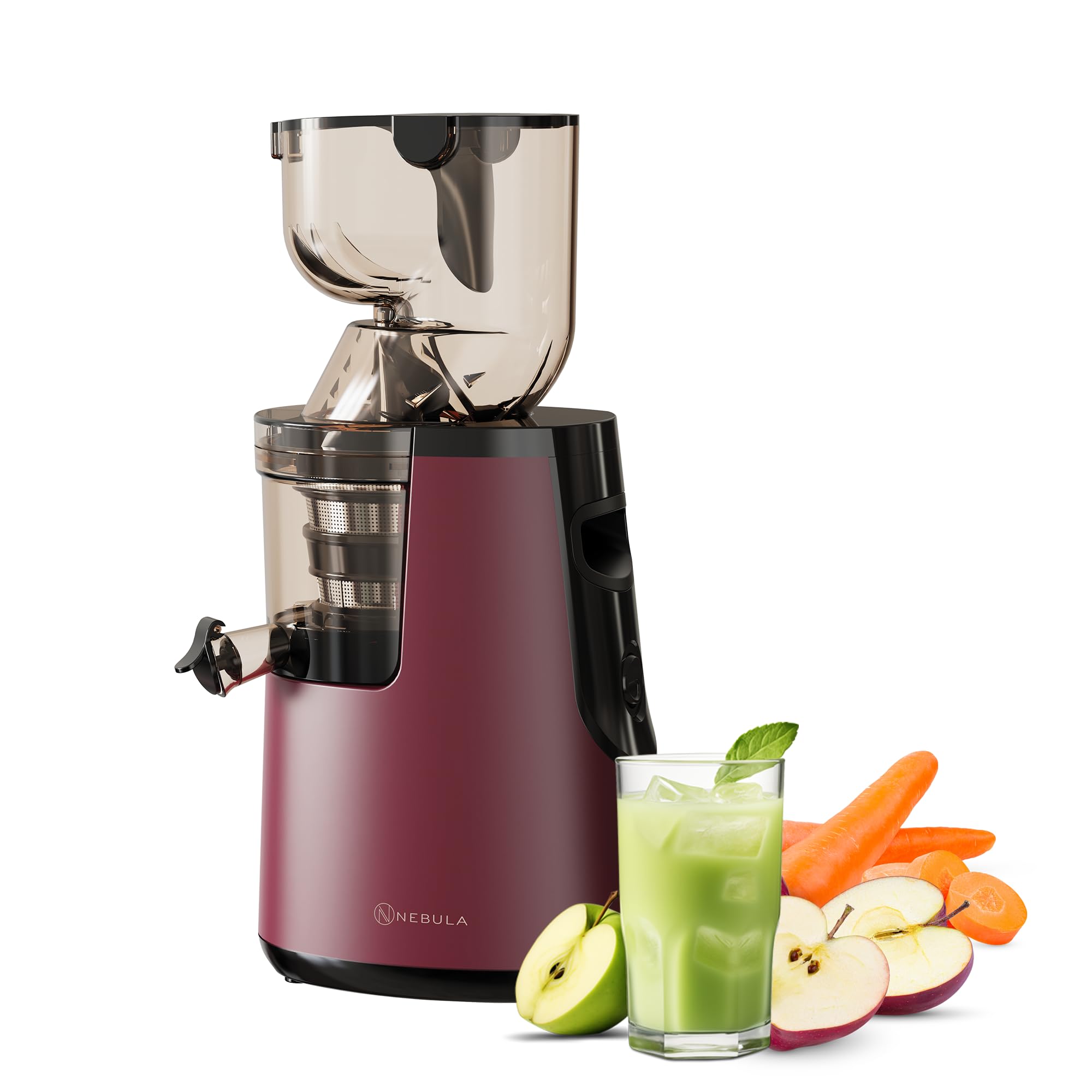Nebula Grande Exprimidor En Frío, Frutas Y Verduras Enteras | Rojo Intenso | Recipiente De Carga De Cuello Ancho, Sin BPA, 45RPM, Motor Profesional, Fácil De Limpiar