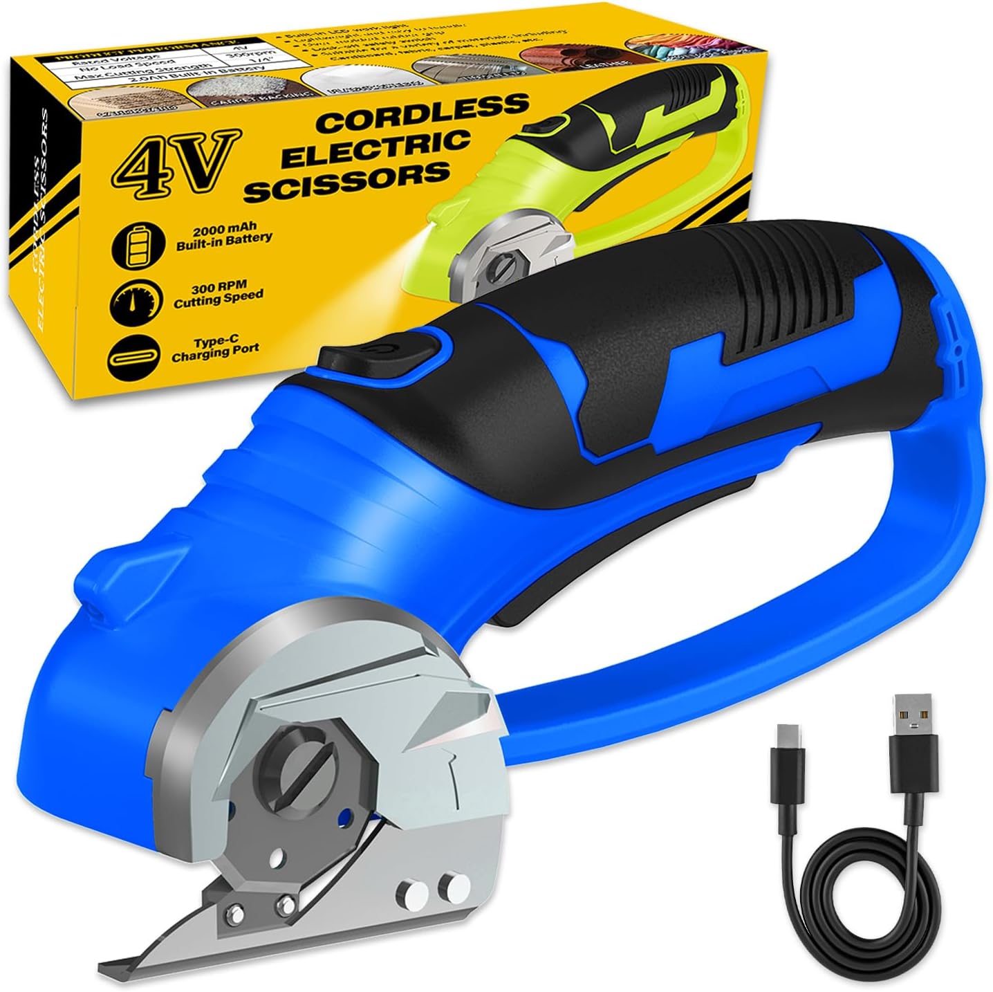 Cordless Electric Scissors, 4V Box Cutter & Cardboard Cutter with Upgrade Blade, LED Light, Safety Lock - Rechargeable Rotary Cutter for Fabric, Leather, Plastic, Sewing, Industrial (Royal Blue) Royal Blue - Individually Packaged